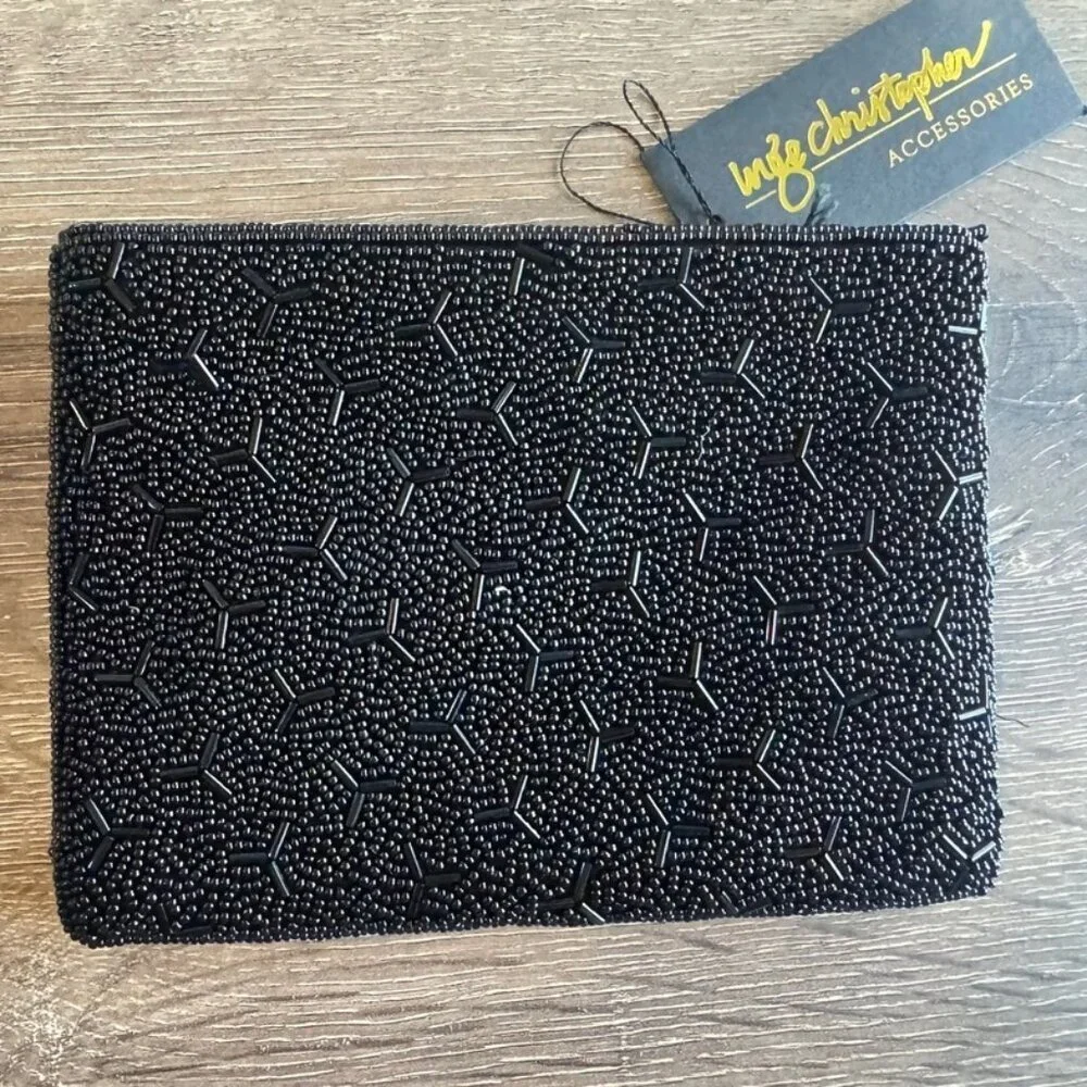 Inge Christopher Black Beaded Full Zip Makeup Bag / Clutch